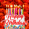 Happy birthday cake and lovely red roses GIF