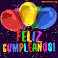 Animación con globos de colores y texto de arco iris - Feliz Cumpleaños