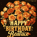 Beautiful bouquet of orange and red roses for Beatrice, golden inscription and twinkling stars