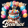 Hand-drawn happy birthday cake adorned with an arch of colorful balloons - name GIF for Beatrice