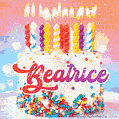 Personalized for Beatrice elegant birthday cake adorned with rainbow sprinkles, colorful candles and glitter