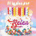 Personalized for Belen elegant birthday cake adorned with rainbow sprinkles, colorful candles and glitter