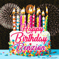 Amazing Animated GIF Image for Benzion with Birthday Cake and Fireworks