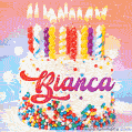 Personalized for Bianca elegant birthday cake adorned with rainbow sprinkles, colorful candles and glitter