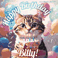 Happy birthday gif for Billy with cat and cake