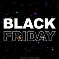 Black Friday animation. Black and white text on the starry sky background.