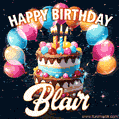 Hand-drawn happy birthday cake adorned with an arch of colorful balloons - name GIF for Blair