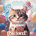 Happy birthday gif for Blessed with cat and cake