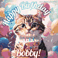 Happy birthday gif for Bobby with cat and cake