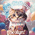 Happy birthday gif for Bostyn with cat and cake