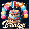 Hand-drawn happy birthday cake adorned with an arch of colorful balloons - name GIF for Braelyn