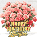 Birthday wishes to Braylee with a charming GIF featuring pink roses, butterflies and golden quote