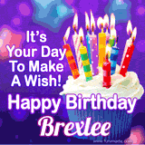 A colorful birthday GIF for Brexlee featuring a cupcake with vibrant lit candles and the text 'It's Your Day to Make a Wish! Happy Birthday Brexlee' in bold letters on a festive purple background.
