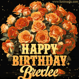 Animated bouquet of orange roses with moving butterfles and golden 'Happy Birthday Brexlee' text, surrounded by sparkling accents and a dark backdrop for a luxurious feel.