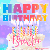 A vibrant animated name GIF with the words 'Happy Birthday Brexlee' with colorful candles on a creamy cake. The background sparkles with pastel shades, adding a festive touch.