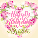 A stunning heart made of pink roses surrounds the elegant script text 'Happy Birthday Brexlee' on a soft beige background. Animated sparkles add a magical and festive feel.