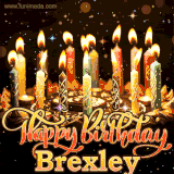 A glowing personalized birthday GIF with name Brexley featuring lit candles with intricate designs, warm lighting, and the text 'Happy Birthday' in an elegant font.