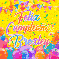 A bright and festive GIF with the text 'Feliz Cumpleaños Brexley' in Spanish in colorful fonts, surrounded by confetti, balloons, and festive banners on a vibrant yellow background.