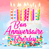 A white birthday cake covered in colorful sprinkles, topped with bright candles, and French text 'Bon Anniversaire Brexley' on a pastel gradient background in an animated GIF.