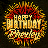 Golden 'Happy Birthday Brexley' text accompanied by animated rainbow fireworks for a festive animated greeting.