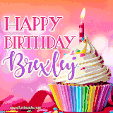 A vibrant birthday GIF featuring a rainbow-colored cupcake topped with white frosting, sprinkles, and a lit candle. The text reads 'Happy Birthday Brexley' in bold pink and violet letters with white outline.