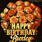 Animated bouquet of orange roses with moving butterfles and golden 'Happy Birthday Brexley' text, surrounded by sparkling accents and a dark backdrop for a luxurious feel.