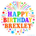 Happy Birthday Brexley' GIF with rainbow-colored letters, colorful stars, and fireworks on white background.