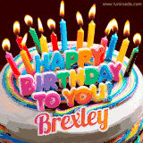 A colorful birthday cake topped with lit candles, with the words 'Happy Birthday Brexley' in bold glowing letters on a burgundy background. Animated flames add a festive touch.