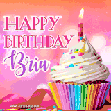 A vibrant birthday GIF featuring a rainbow-colored cupcake topped with white frosting, sprinkles, and a lit candle. The text reads 'Happy Birthday Bria' in bold pink and violet letters with white outline.