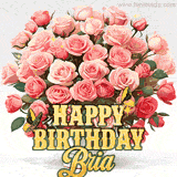 Golden 'Happy Birthday Bria' text beneath a vibrant bouquet of orange roses, complete with glittering butterflies and sparkling details.