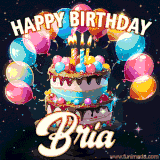 Bright birthday animation for Bria with a chocolate cake, candles, balloons, and glowing celebratory lights.