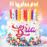 A cheerful white birthday cake with multicolor sprinkles, lit candles, and 'Bria' written in vibrant letters, in an animated GIF.