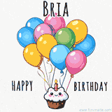 An adorable and cute cupcake with a smiley face and moving colorful balloons create a joyful birthday greeting for Bria in this cheerful animated greeting E-card.