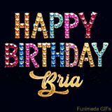 Vibrant luxury birthday greeting card for Bria, showing glittering gemstone letters and golden calligraphy on a dark background with twinkling shine effects.