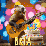 Animated birthday GIF showing a capybara playing guitar and singing beside a birthday cake with the name Bria in large letters and colorful bokeh lights in the background.