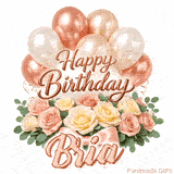 A bouquet of pastel roses and green leaves with Happy Birthday Bria animation