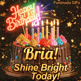 Bold golden lettering spelling Bria! on a gourmet chocolate cake decorated with small colorful candies at the base.