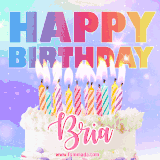 A vibrant animated name GIF with the words 'Happy Birthday Bria' with colorful candles on a creamy cake. The background sparkles with pastel shades, adding a festive touch.