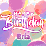 A vibrant name GIF featuring colorful balloons in shades of pink, orange, and yellow with the bold text 'Happy Birthday Bria' in festive fonts, creating a lively birthday vibe.