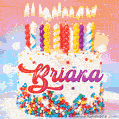 Personalized for Briana elegant birthday cake adorned with rainbow sprinkles, colorful candles and glitter