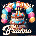 Hand-drawn happy birthday cake adorned with an arch of colorful balloons - name GIF for Brianna