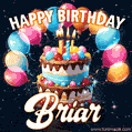Hand-drawn happy birthday cake adorned with an arch of colorful balloons - name GIF for Briar