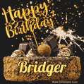 Celebrate Bridger's birthday with a GIF featuring chocolate cake, a lit sparkler, and golden stars