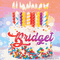Personalized for Bridget elegant birthday cake adorned with rainbow sprinkles, colorful candles and glitter