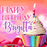 A vibrant birthday GIF featuring a rainbow-colored cupcake topped with white frosting, sprinkles, and a lit candle. The text reads 'Happy Birthday Brigitta' in bold pink and violet letters with white outline.