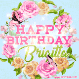 A charming animated GIF featuring 'Happy Birthday Brigitta' in pink and green text, surrounded by delicate roses, leaves, and fluttering butterflies on a soft light blue pastel background.