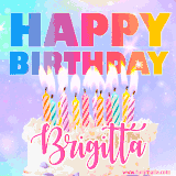 A vibrant animated name GIF with the words 'Happy Birthday Brigitta' with colorful candles on a creamy cake. The background sparkles with pastel shades, adding a festive touch.