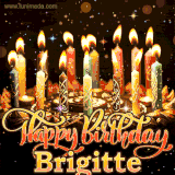 A glowing personalized birthday GIF with name Brigitte featuring lit candles with intricate designs, warm lighting, and the text 'Happy Birthday' in an elegant font.