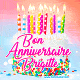 A white birthday cake covered in colorful sprinkles, topped with bright candles, and French text 'Bon Anniversaire Brigitte' on a pastel gradient background in an animated GIF.