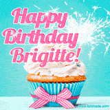 A festive cupcake with pink icing, a gingham bow, and a lit animated sparkler, paired with 'Happy Birthday Brigitte!' in bright pink text.